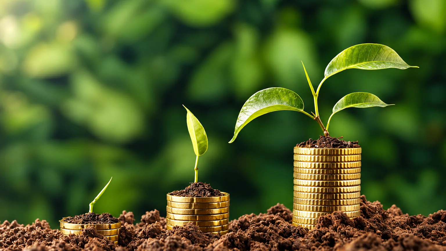 Seedlings growing from stacked coins in soil