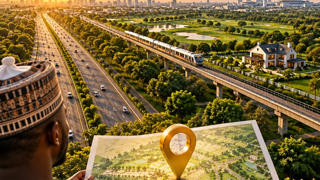 A man studying a land survey plan above a developing city